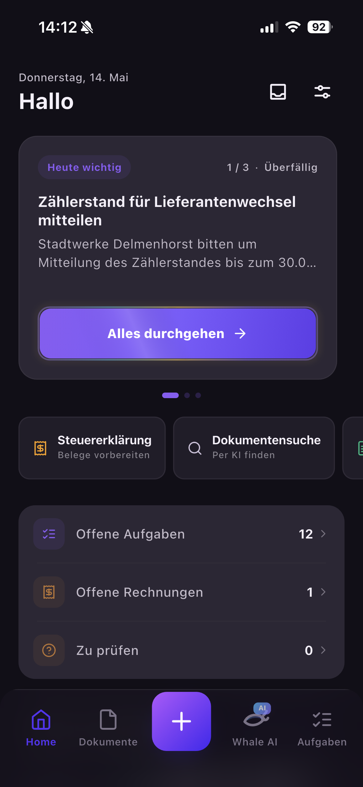 Docuwhale Aufgabenübersicht