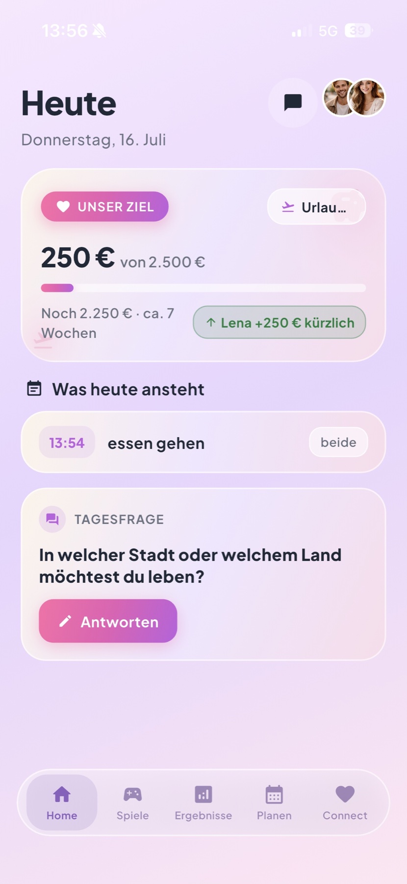 Couple Space Startansicht mit gemeinsamem Ziel und Tagesfrage
