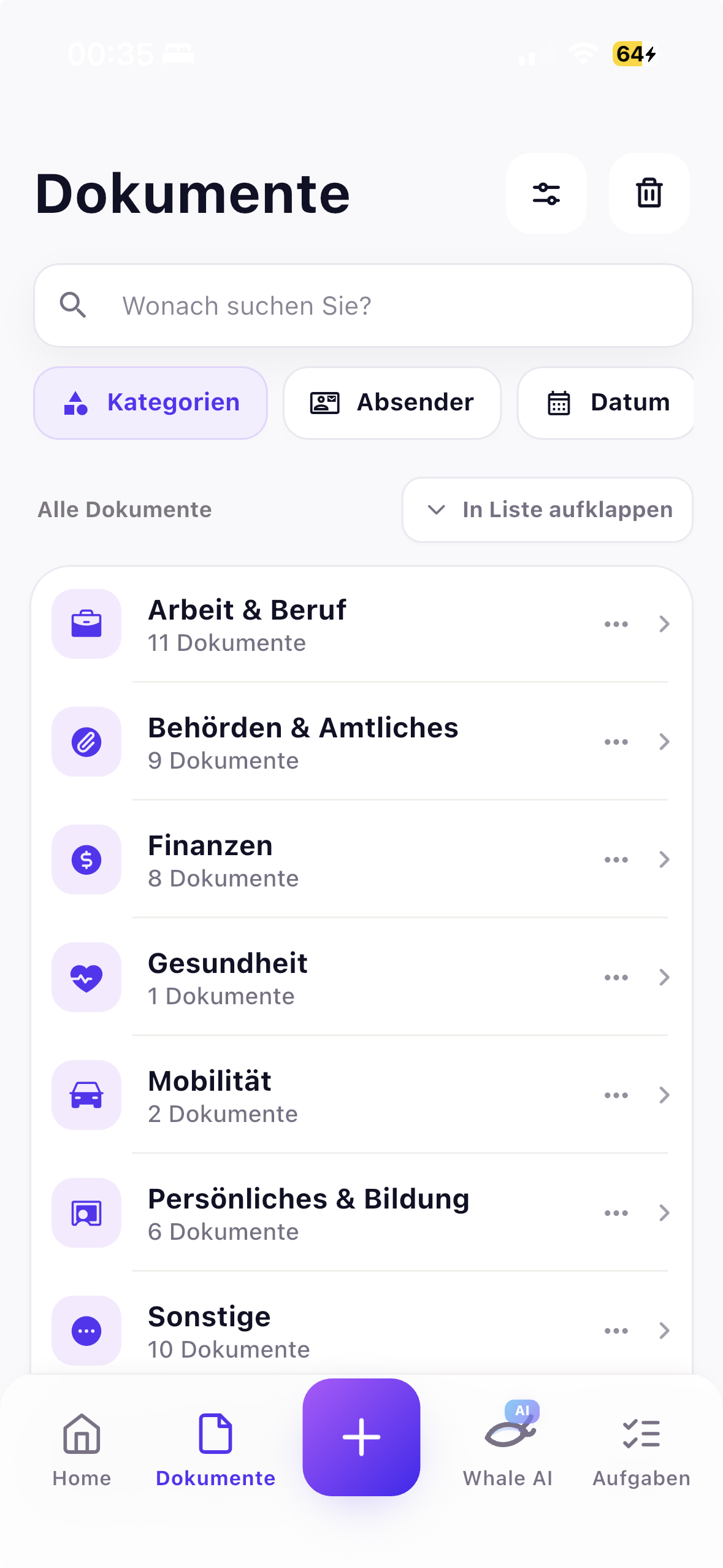 Docuwhale: Mobile App mit nach Kategorien sortierten Dokumenten und KI-Suche
