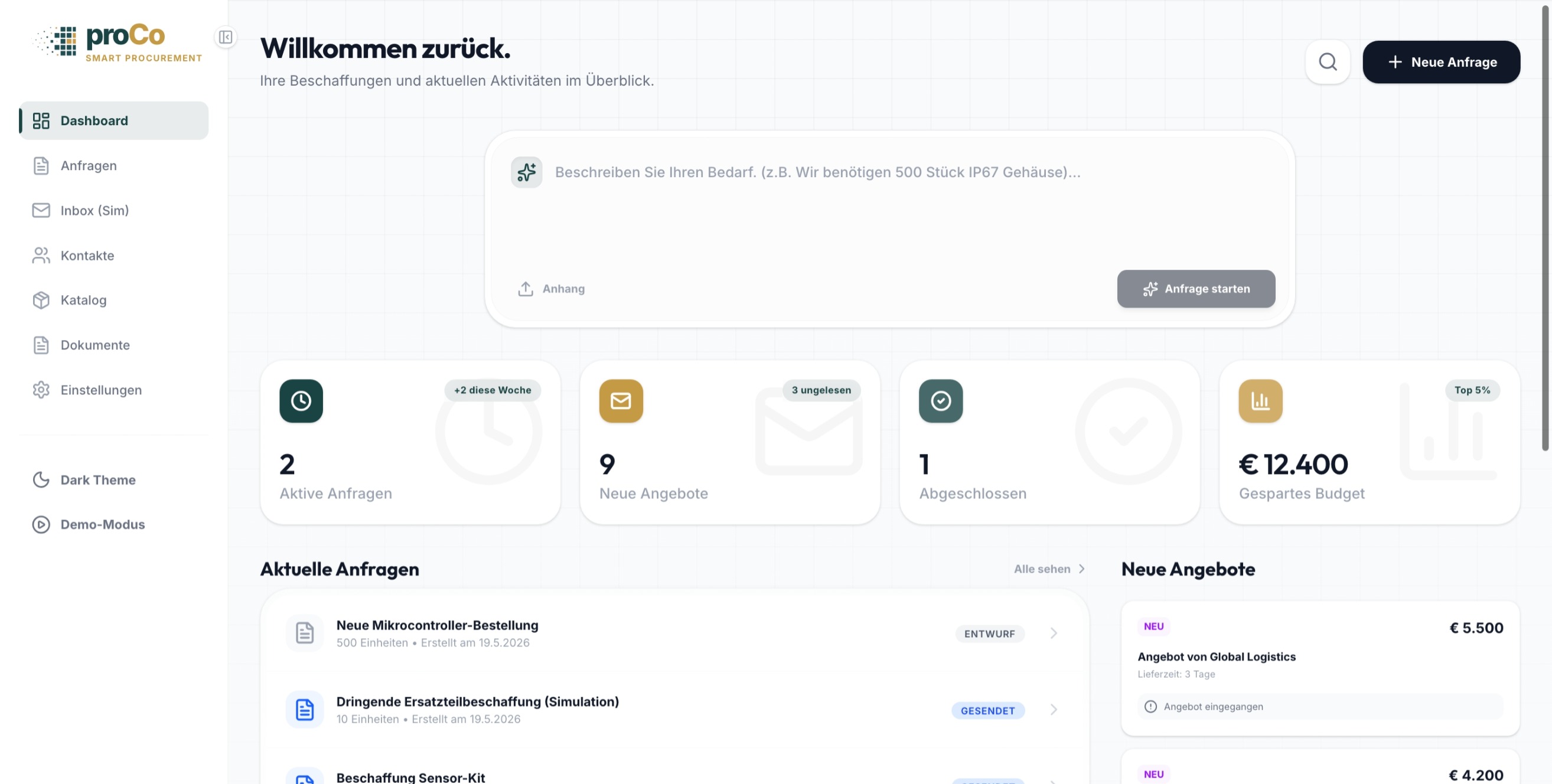 Proco Dashboard mit laufenden Angebotsanfragen